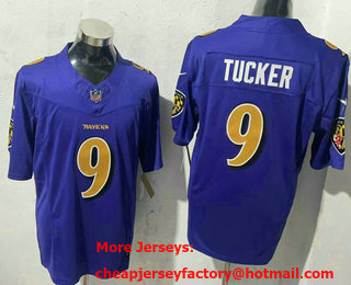 Men's Baltimore Ravens #9 Justin Tucker Purple Rush Color 2024 FUSE Vapor Limited Stitched Jersey