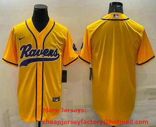 Men's Baltimore Ravens Blank Yellow With Patch Cool Base Stitched Baseball Jersey