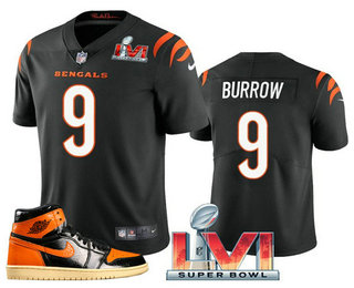 Men's Bengals #9 Joe Burrow Black 2022 Super Bowl LVI Jersey  AJ 1 Shoes