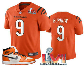 Men's Bengals #9 Joe Burrow Orange 2022 Super Bowl LVI Jersey AJ 1 Shoes