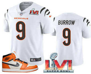 Men's Bengals #9 Joe Burrow White 2022 Super Bowl LVI Jersey AJ 1 Shoes