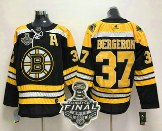 Men's Boston Bruins #37 Patrice Bergeron Black With A Patch 2019 NHL Stanley Cup Final Patch Adidas Stitched NHL Jersey