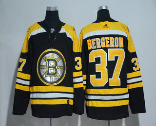 Men's Boston Bruins #37 Patrice Bergeron Black With Handwork Sequin Fashion Team Logo Home 2017-2018 Hockey Stitched NHL Jersey