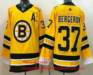 Men's Boston Bruins #37 Patrice Bergeron Gold 2021 Reverse Retro Stitched NHL Jersey