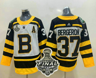 Men's Boston Bruins #37 Patrice Bergeron White 2019 NHL Stanley Cup Final Patch Winter Classic Adidas Stitched NHL Jersey