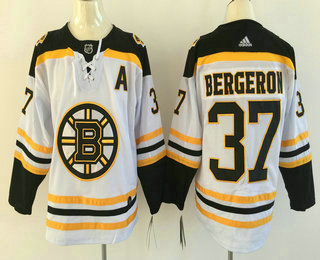 Men's Boston Bruins #37 Patrice Bergeron White With A Patch 2017-2018 Hockey Stitched NHL Jersey