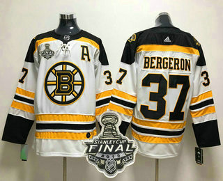 Men's Boston Bruins #37 Patrice Bergeron White With A Patch 2019 NHL Stanley Cup Final Patch Adidas Stitched NHL Jersey