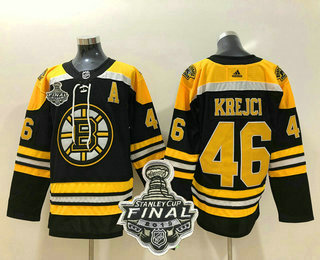 Men's Boston Bruins #46 David Krejci Black With A Patch 2019 NHL Stanley Cup Final Patch Adidas Stitched NHL Jersey