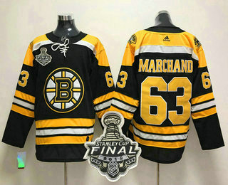 Men's Boston Bruins #63 Brad Marchand Black 2019 NHL Stanley Cup Final Patch Adidas Stitched NHL Jersey