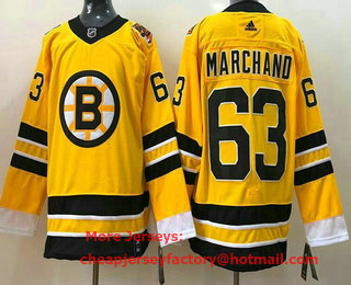 Men's Boston Bruins #63 Brad Marchand Gold 2021 Reverse Retro Stitched NHL Jersey