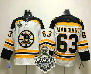 Men's Boston Bruins #63 Brad Marchand White 2019 NHL Stanley Cup Final Patch Adidas Stitched NHL Jersey