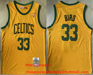 Men's Boston Celtics #33 Larry Bird 1985-86 Yellow Hardwood Classics Swingman Stitched Throwback Jersey