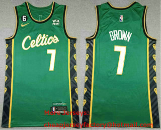 Men's Boston Celtics #7 Jaylen Brown Green 2023 City Edition With No 6 Patch Stitched Basketball Jersey