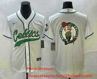 Men's Boston Celtics White Team Big Logo With Patch Stitched Baseball Jersey