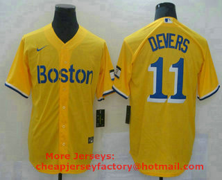 Men's Boston Red Sox #11 Rafael Devers Gold 2021 City Connect Stitched MLB Cool Base Nike Jersey