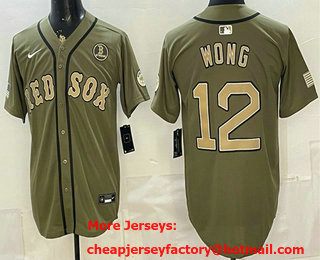 Men's Boston Red Sox #12 Connor Wong Olive Armed Forces Day Cool Base Jersey