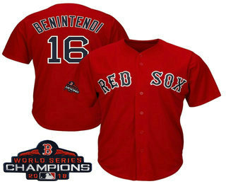Men's Boston Red Sox #16 Andrew Benintendi Red 2018 MLB World Series Champions Pacth Alternate Stitched MLB Cool Base Jersey