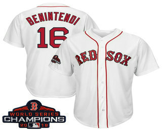 Men's Boston Red Sox #16 Andrew Benintendi White 2018 MLB World Series Champions Patch Home Stitched MLB Cool Base Jersey