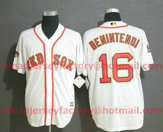 Men's Boston Red Sox #16 Andrew Benintendi White With Gold 2018 MLB World Series Champions Patch Home Stitched MLB Cool Base Jersey