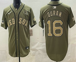 Men's Boston Red Sox #16 Jarren Duran Olive Armed Forces Day Cool Base Jersey