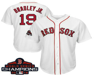 Men's Boston Red Sox #19 Jackie Bradley Jr. White 2018 MLB World Series Champions Patch Home Stitched MLB Cool Base Jersey