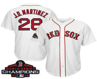 Men's Boston Red Sox #28 J.D. Martinez White 2018 MLB World Series Champions Patch Home Stitched MLB Cool Base Jersey