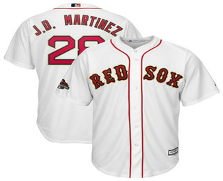 Men's Boston Red Sox #28 J.D. Martinez White With Gold 2018 MLB World Series Champions Patch Home Stitched MLB Cool Base Jersey