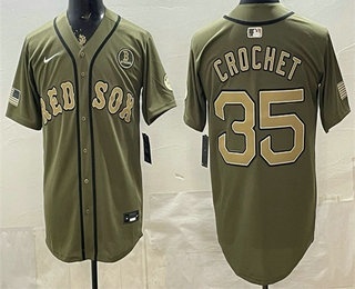 Men's Boston Red Sox #35 Garrett Crochet Olive Armed Forces Day Cool Base Jersey