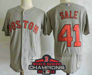 Men's Boston Red Sox #41 Chris Sale Gray 2018 MLB World Series Champions Patch Road Stitched MLB Cool Base Jersey