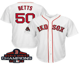 Men's Boston Red Sox #50 Mookie Betts White 2018 MLB World Series Champions Patch Home Stitched MLB Cool Base Jersey