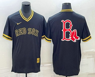 Men's Boston Red Sox Big Logo Black Gold Nike Cooperstown Legend V Neck Jersey