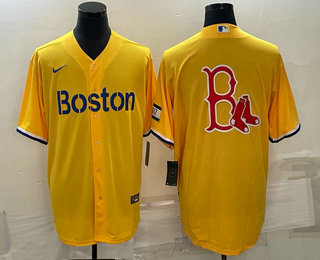 Men's Boston Red Sox Big Logo Gold 2021 City Connect Stitched MLB Cool Base Nike Jersey