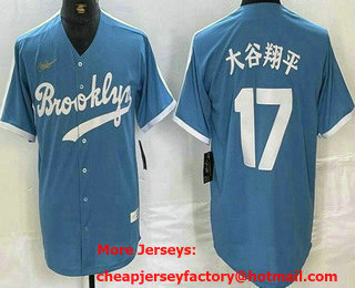 Men's Brooklyn Dodgers #17 Shohei Ohtani Light Blue Japanese Cooperstown Collection Cool Base Jersey