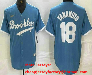 Men's Brooklyn Dodgers #18 Yoshinobu Yamamoto Light Blue Cooperstown Collection Cool Base Jersey