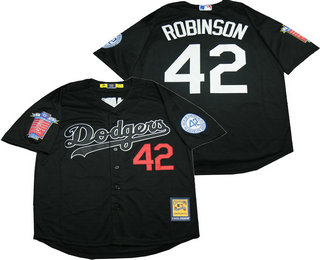Men's Brooklyn Dodgers #42 Jackie Robinson Black Cooperstown Collection 1955 Hall Of Fame & Dual Patch Stitched MLB Throwback Jersey