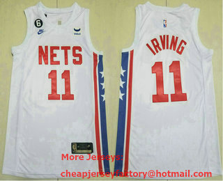 Men's Brooklyn Nets #11 Kyrie Irving White With 6 Patch Sponsor Nike Swingman Throwback Jersey