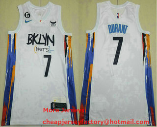 Men's Brooklyn Nets #7 Kevin Durant 2022 White City Edition With No 6 Patch Stitched Jersey With Sponsor