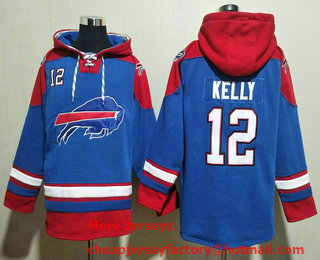 Men's Buffalo Bills #12 Jim Kelly Blue Ageless Must Have Lace Up Pullover Hoodie