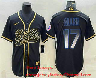 Men's Buffalo Bills #17 Josh Allen Black Gold Vapor Smoke With Patch Cool Base Stitched Baseball Jersey
