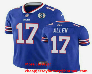 Men's Buffalo Bills #17 Josh Allen Blue With 3 Patch Vapor Untouchable Limited Stitched Jersey