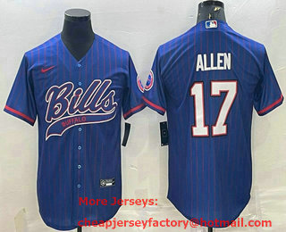 Men's Buffalo Bills #17 Josh Allen Blue With Patch Cool Base Stitched Baseball Jersey