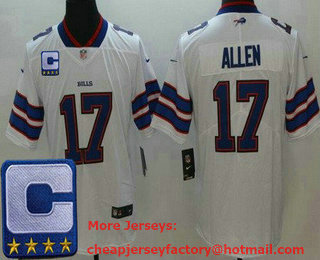 Men's Buffalo Bills #17 Josh Allen Limited White 2022 Captain Patch Vapor Jersey