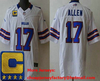 Men's Buffalo Bills #17 Josh Allen Limited White FUSE 2023 Captain Patch Vapor Jersey