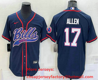 Men's Buffalo Bills #17 Josh Allen Navy With Patch Cool Base Stitched Baseball Jersey