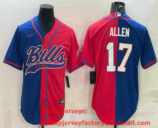 Men's Buffalo Bills #17 Josh Allen Royal Red Split With Patch Cool Base Stitched Baseball Jersey