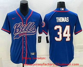 Men's Buffalo Bills #34 Thurman Thomas Blue With Patch Cool Base Stitched Baseball Jersey