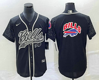 Men's Buffalo Bills Big Logo Black Reflective With Patch Cool Base Stitched Baseball Jersey