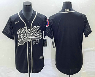 Men's Buffalo Bills Blank Black Reflective With Patch Cool Base Stitched Baseball Jersey