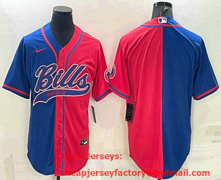 Men's Buffalo Bills Blank Royal Red Split With Patch Cool Base Stitched Baseball Jersey