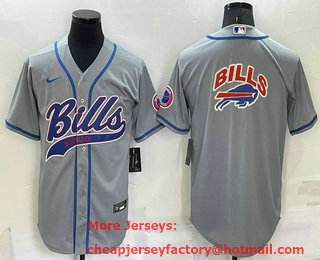 Men's Buffalo Bills Grey Team Big Logo With Patch Cool Base Stitched Baseball Jersey